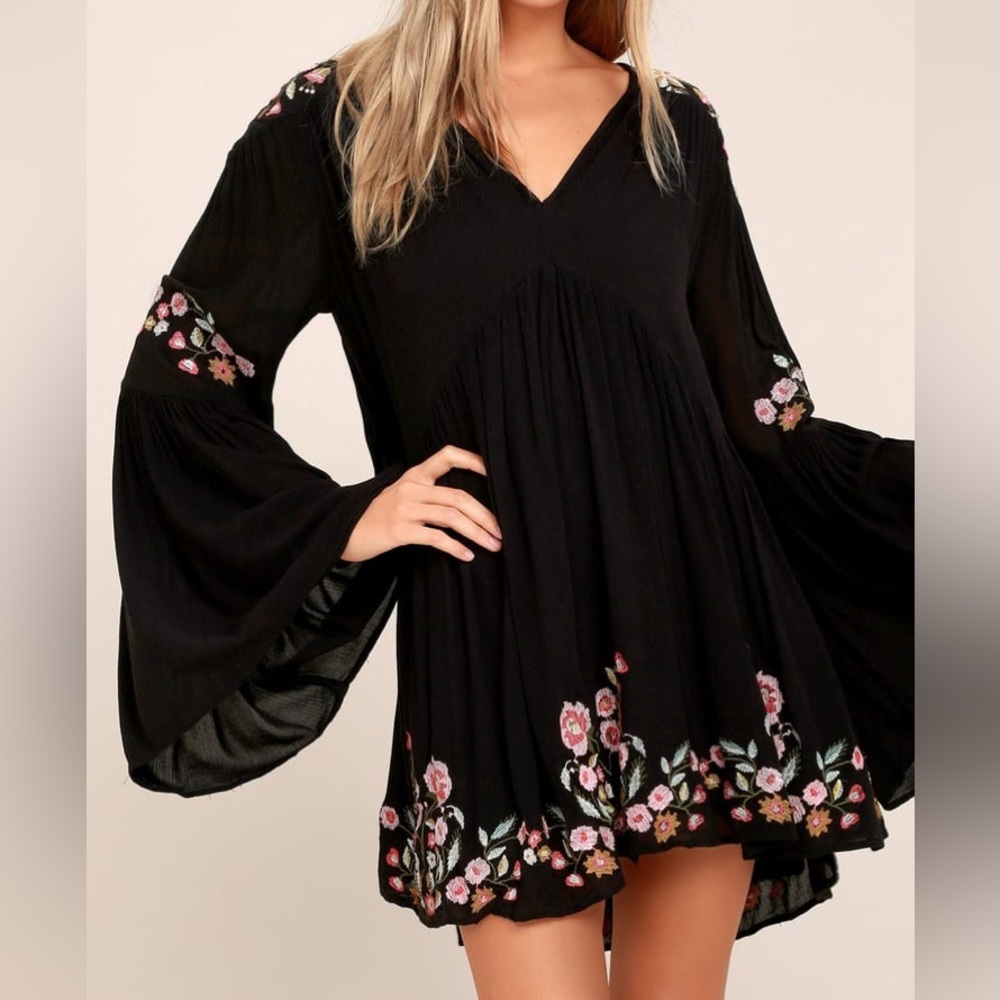 Free People Te Amo Black Embroidered Babydoll Mini Dress (NWOT)